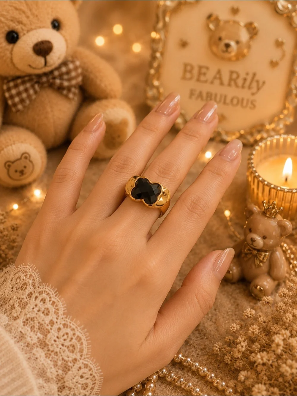 Gold Tone Black Bear Statement Ring - Size 7